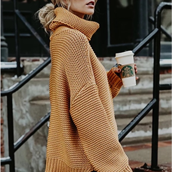 Bohemian Mustard Tan Knit Turtleneck Cozy Pullover Rib Winter Trendy Sweater - Picture 4 of 8